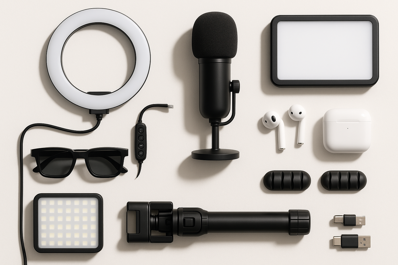 electronics, selfie light, imi microphone, video eyeware, content creaton gear